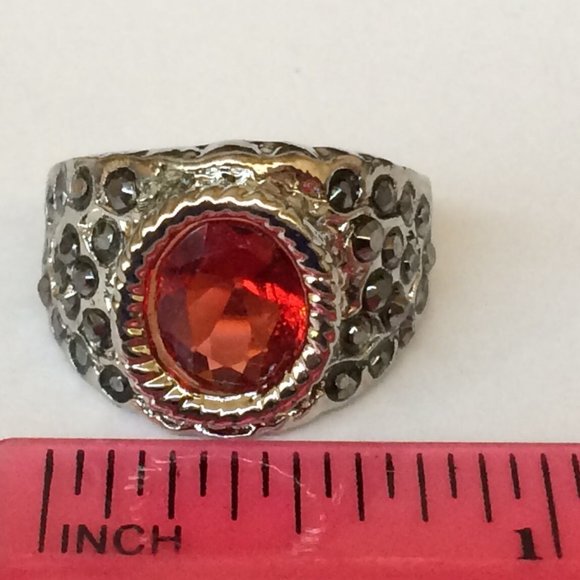 Vintage Silver Art Deco Boho Ruby Cocktail Ring Size 7 8 Plated Red Stone - Picture 10 of 10